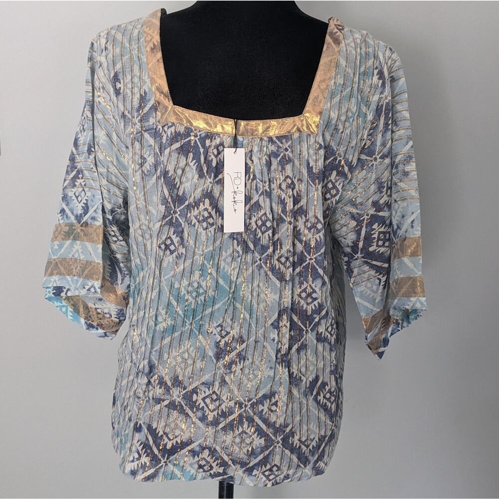 Anthropologie RD & Kokio Gold Metallic and Blue Sheer Blouse M NWT